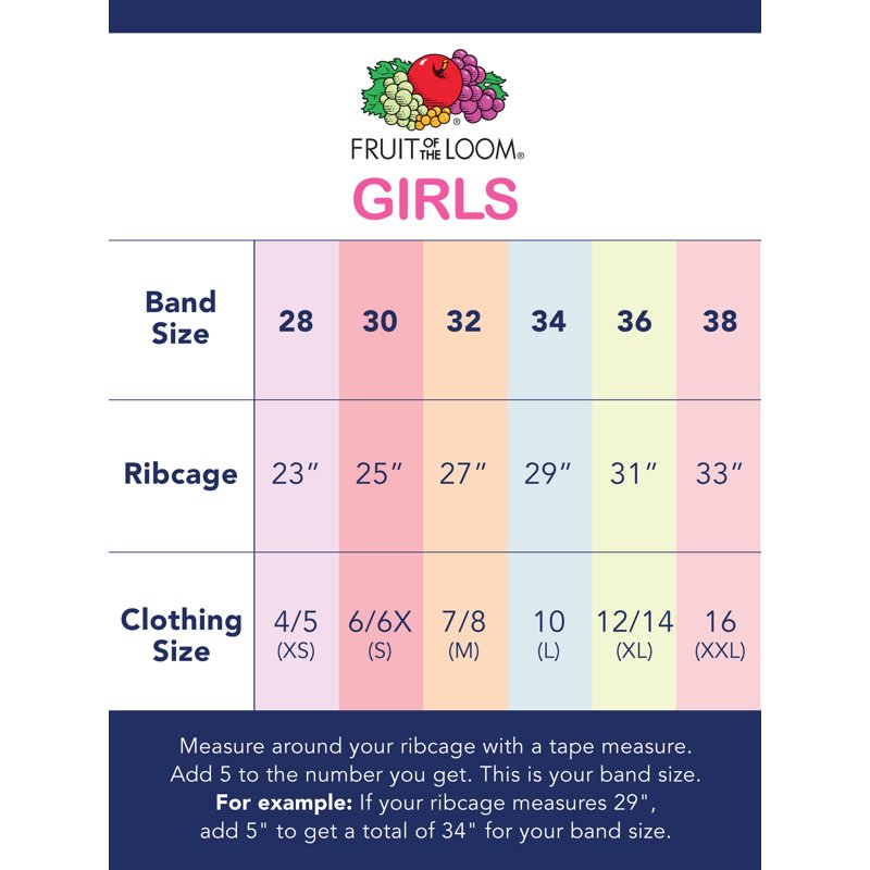 Fruit Of The Loom Girls Pull Over Built Up Strap Cotton Sport Bra 3-Pack Sizes 28-38