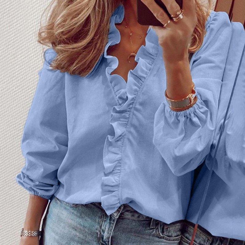 Fznquz Blue Womens Holiday Tops Ruffle Peplum Plain Blouse V Neck Long Sleeve Casual Blouses for Women L Fznquz Blue Womens Holiday Tops Ruffle Peplum Plain Blouse V Neck Long Sleeve Casual Blouses for Women L