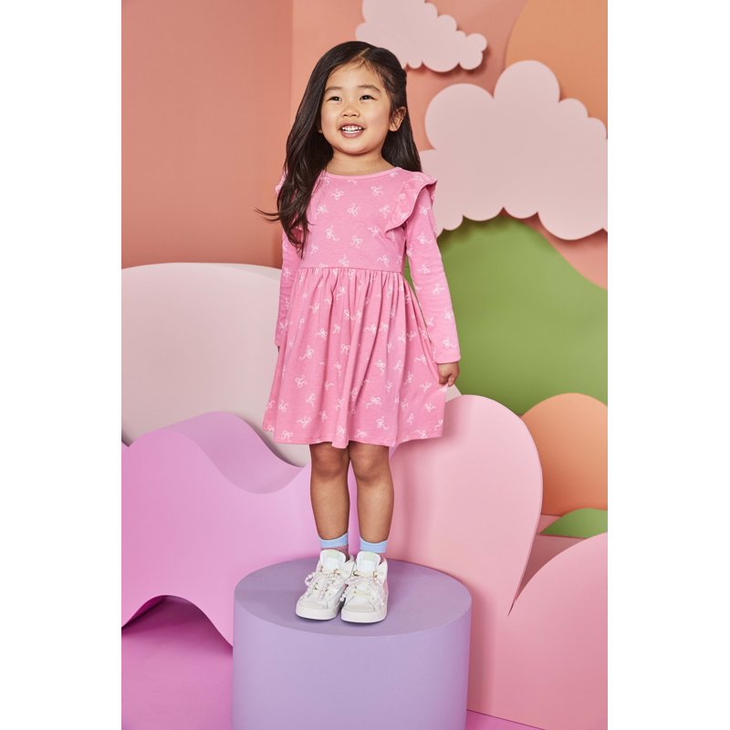 Garanimals Toddler Girl Long Sleeve Printed Dress With Ruffle Shoulders Sizes 18M-5T