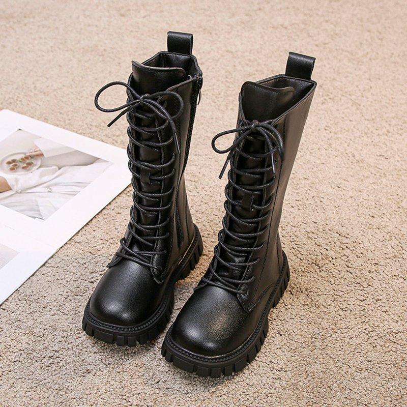GBSYEWXS Closed Toe Zip-Up Girls Kids Combat Boots Knee-High Solid Color No Slip Daily Wear Black Boots For Girls Kids Size 4.5-5 T