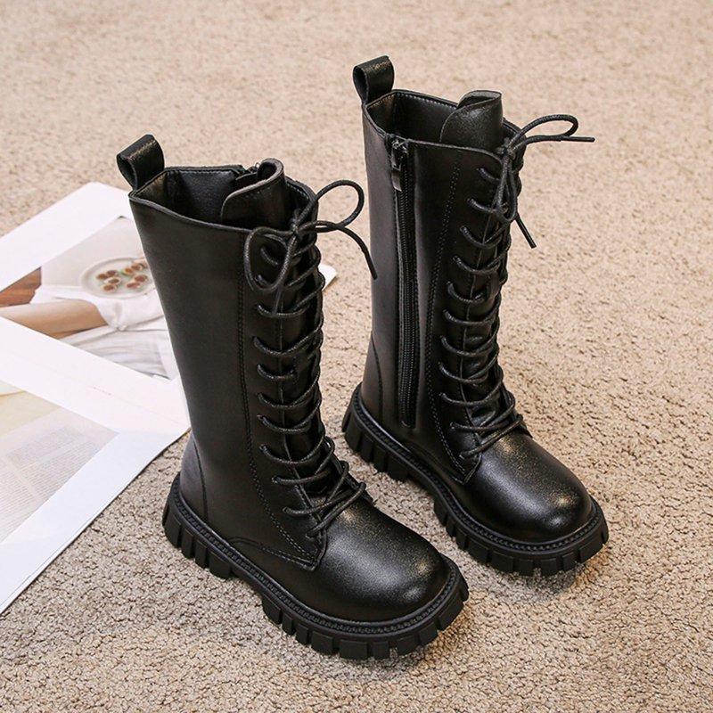 GBSYEWXS Closed Toe Zip-Up Girls Kids Combat Boots Knee-High Solid Color No Slip Daily Wear Black Boots For Girls Kids Size 4.5-5 T