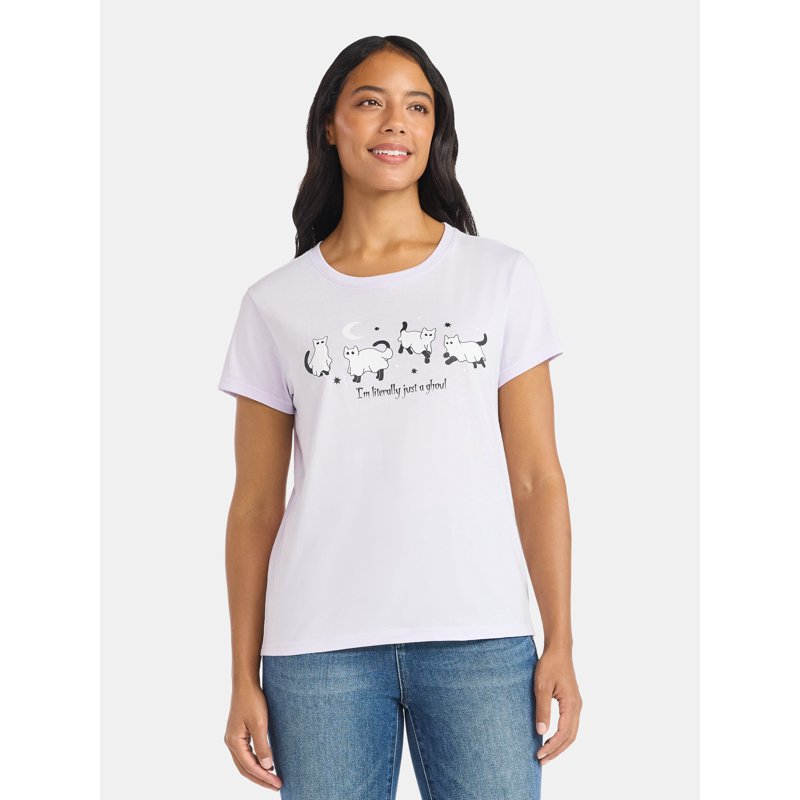 Ghost Cats Women's Halloween Tee with Short Sleeves Sizes XXS-XXL