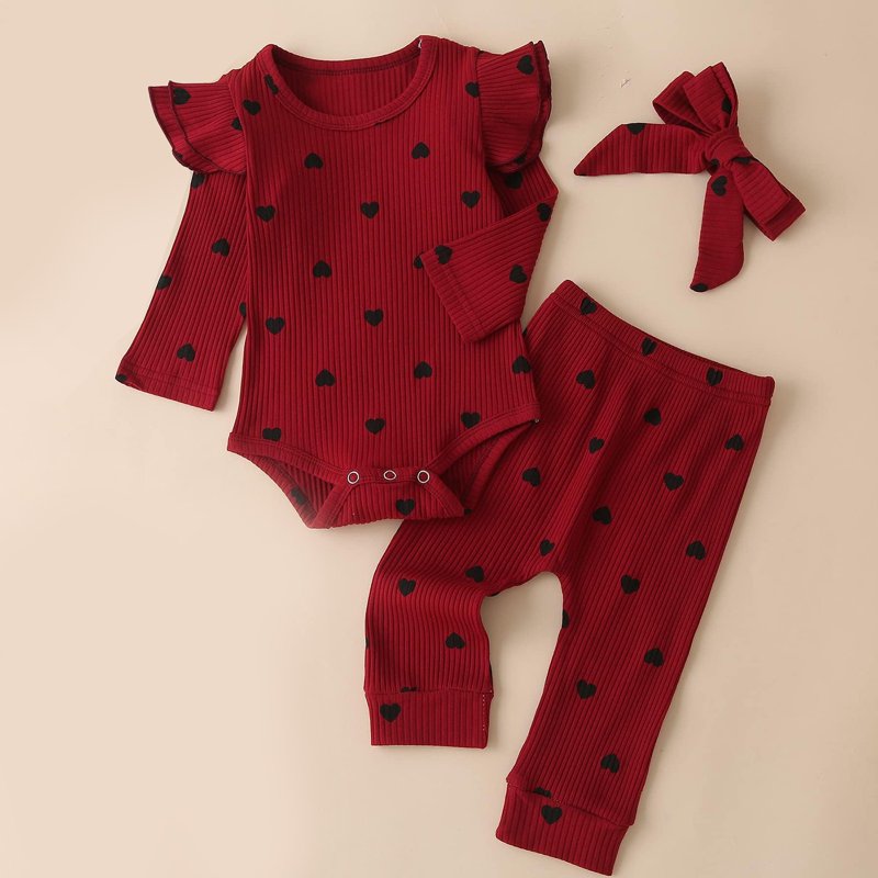 Gibobby Newborn Baby Girls Clothes Infant Ribbed Knit Romper Tops And Print Bell-Bottoms Headband Clothing Sets(Wine 12-18 Months)