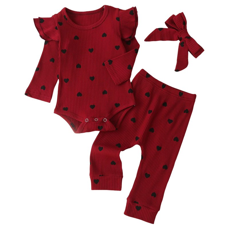 Gibobby Newborn Baby Girls Clothes Infant Ribbed Knit Romper Tops and Print Bell-Bottoms Headband Clothing Sets(Wine 12-18 Months)
