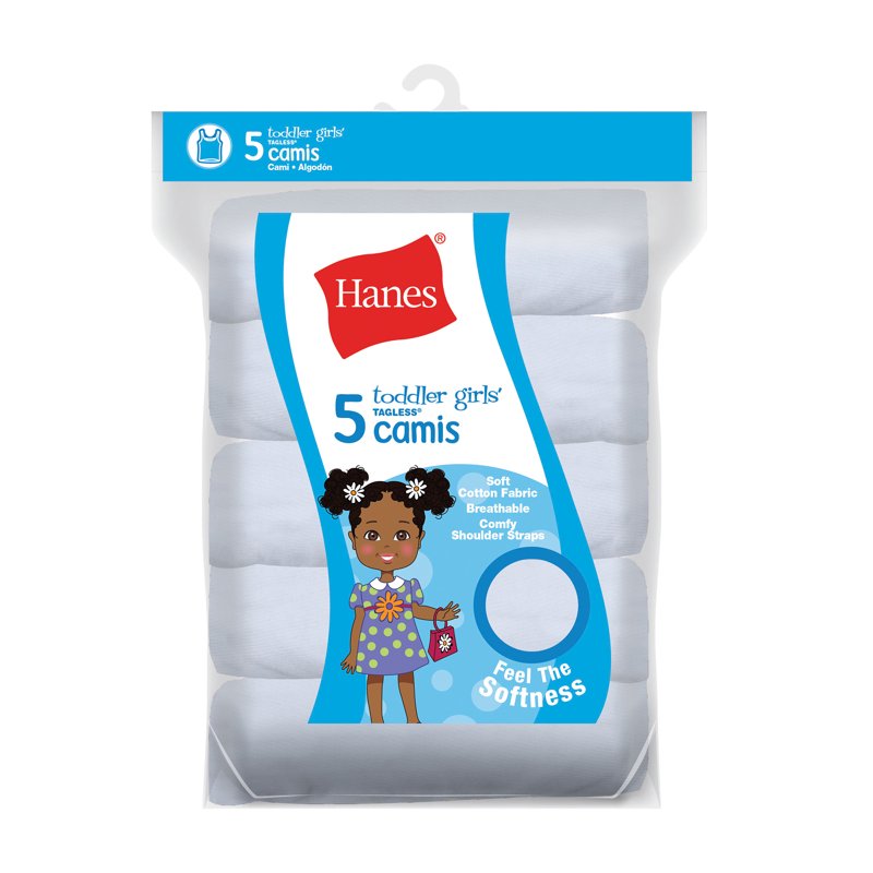 Girls' Cami White 5-Pack Hanes TAGLESS Toddler Soft 100% Cotton Camisole Straps