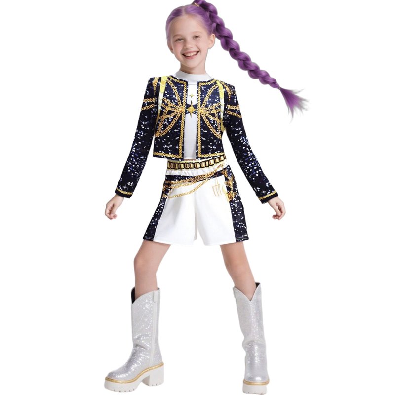 Girls Rumi Pop Singer Dress Up Pendant Dance Stage Outfit Set Long Sleeve Jackets Crop Top Skirt Rumi Outfit Sets(100)