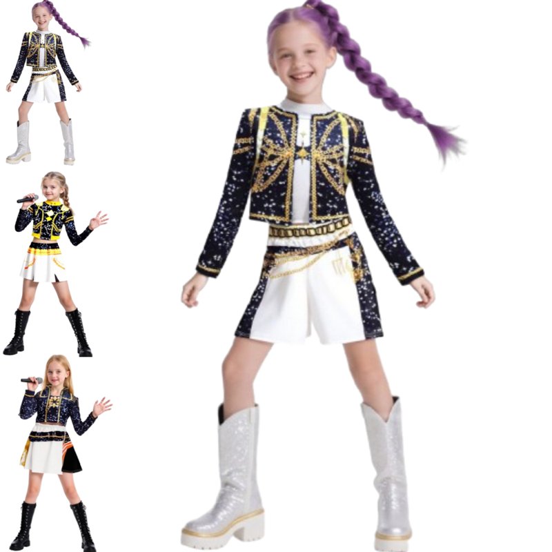 Girls Rumi Pop Singer Dress Up Pendant Dance Stage Outfit Set Long Sleeve Jackets Crop Top Skirt Rumi Outfit Sets(100)