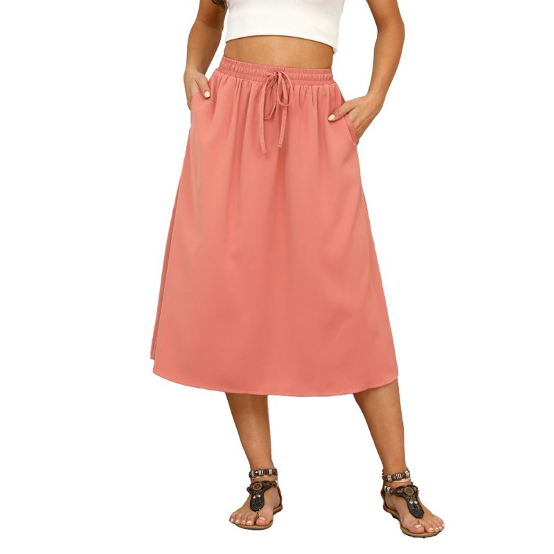 Gleelaud Flowy Skirt Midi Length Elastic High Waist A-Line Skirt With Pockets Boho Skirts For Women Pink