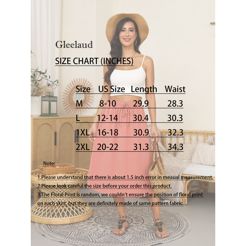 Gleelaud Flowy Skirt Midi Length Elastic High Waist A-Line Skirt With Pockets Boho Skirts For Women Pink