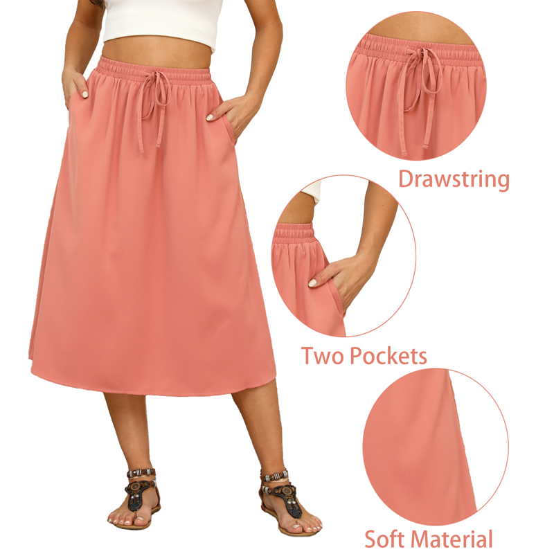 Gleelaud Flowy Skirt Midi Length Elastic High Waist A-Line Skirt With Pockets Boho Skirts For Women Pink