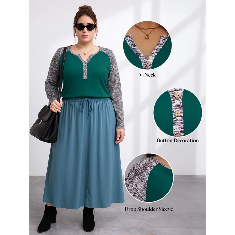 Gleelist Womens Plus Size Long Sleeve Henley Tops V Neck Casual Loose Fit Shirts Blouses Trendy Clothes XL-5XL