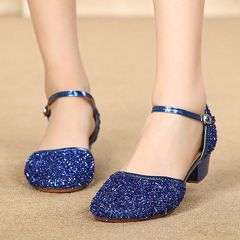 Gubotare Girls Dress Shoes Low Heel Princess Flats Mary Jane Flower Wedding Party Glitter Shoes For Kids Toddler (Blue 26)