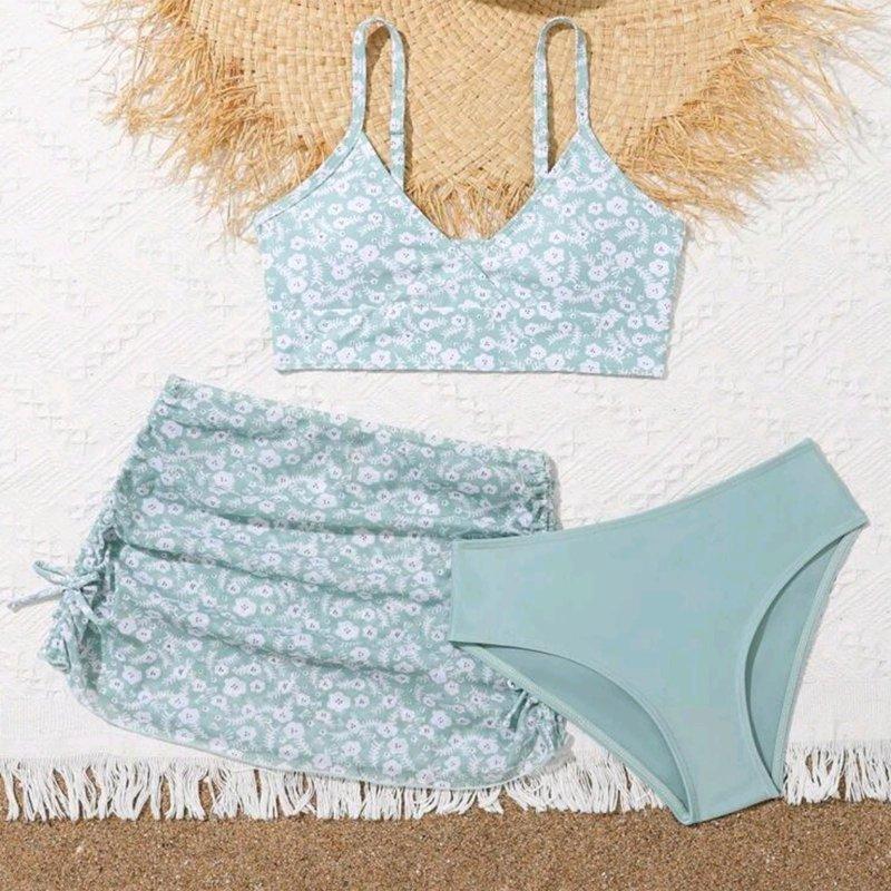 Gyexs Tween Girls Swimsuit Bathing Suit 3 Piece Floral Bikini Tops Shorts Skirt Swimming Suit Beachwear Summer Party Clothes Swimwear Light Green 7-8 Years