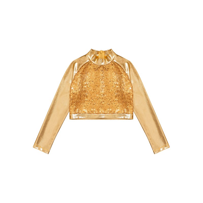 Haitryli Kids Girls Long Sleeves Dance Crop Top Metallic Sequin Hip Hop Jazz Disco Costume Dancewear Gold 6