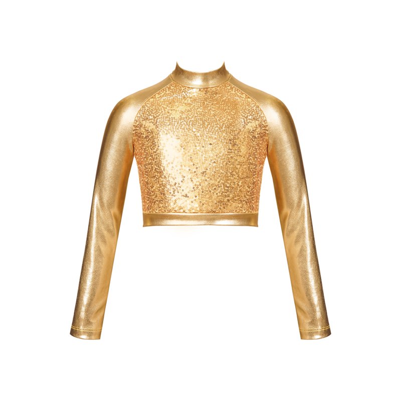 Haitryli Kids Girls Long Sleeves Dance Crop Top Metallic Sequin Hip Hop Jazz Disco Costume Dancewear Gold 6