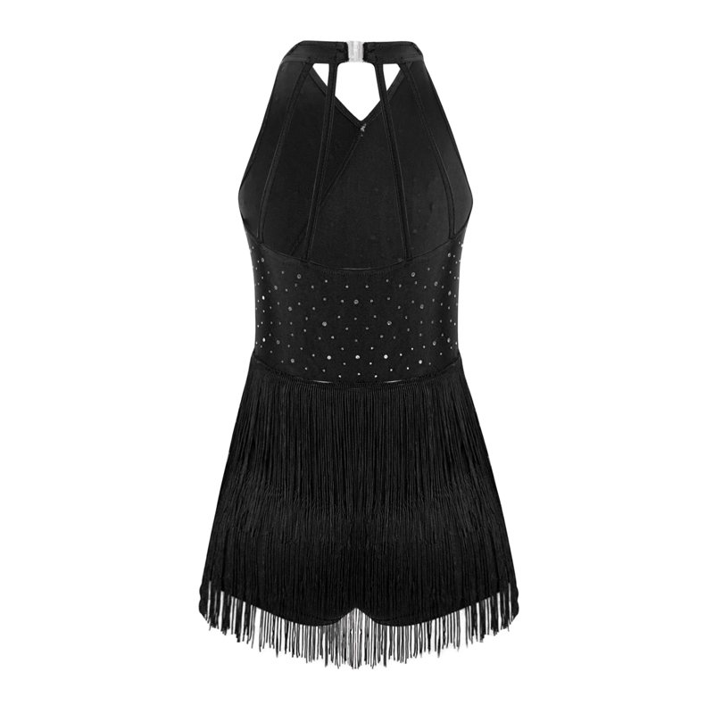 Haitryli Kids Girls Rhinestones Latin Jazz Dance Dress Sparkly Tango Rumba Samba Dance Costume Fringe Leotard Black 10