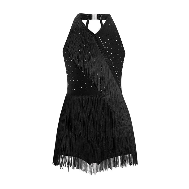 Haitryli Kids Girls Rhinestones Latin Jazz Dance Dress Sparkly Tango Rumba Samba Dance Costume Fringe Leotard Black 10