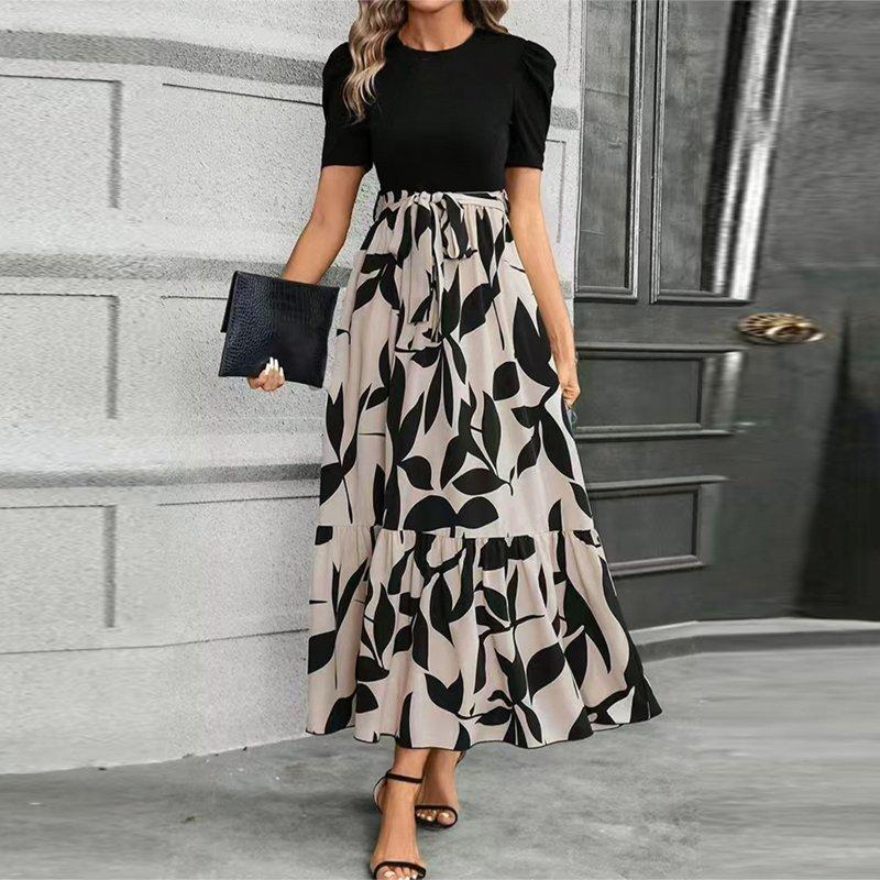 HAJWOH Dresses For Church Women 2025 Elegant Puff Sleeve Spring Dresses With Belt Flowy Long Dresses Casual Fashion Formal Dresses Beige L