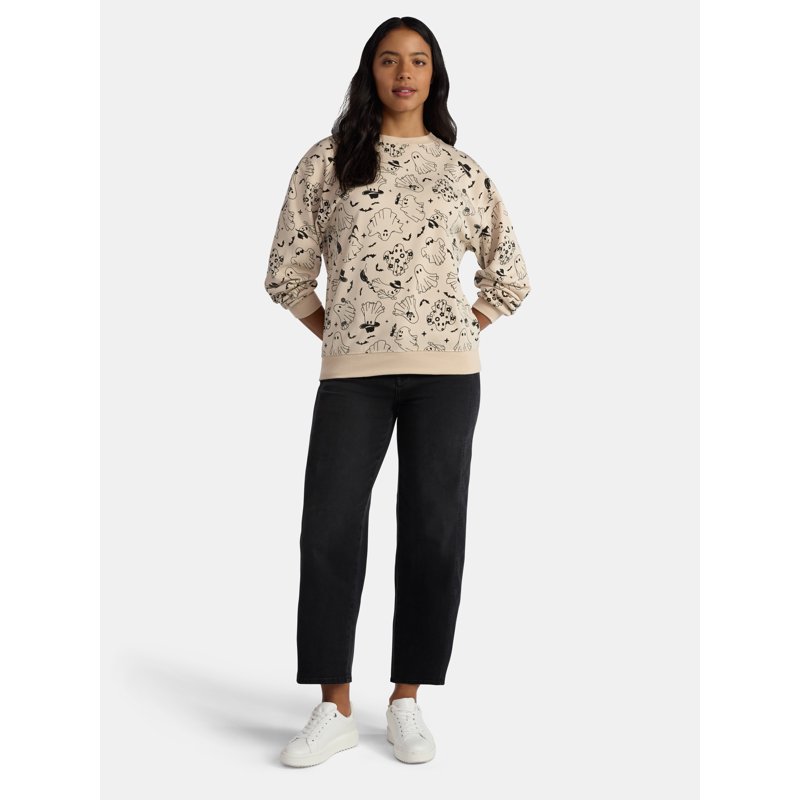 Halloween Women's Happy Ghost Graphic Print Sweatshirt With Long Sleeves Sizes XXS-XXL