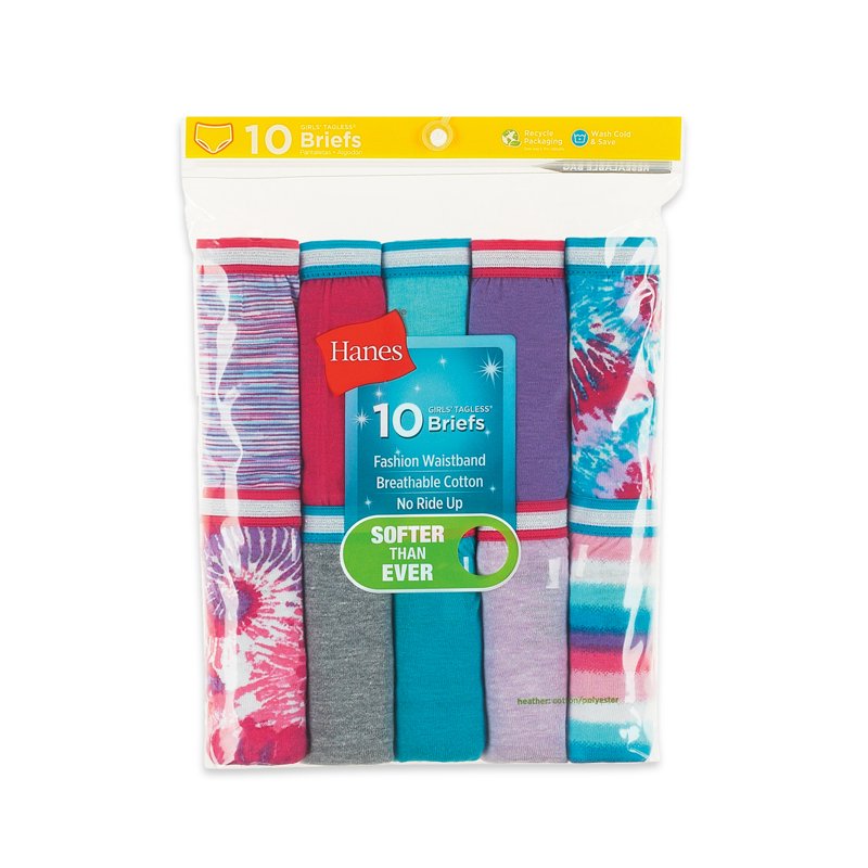 Hanes Girls' Tagless Super Soft Cotton Brief Underwear 10 Pack Sizes 4-16