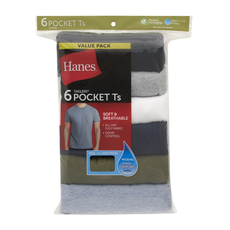 Hanes Men's Value Pack Assorted Pocket T-Shirt Undershirts 6 Pack