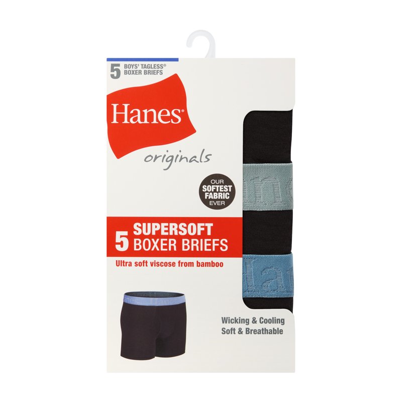 Hanes Originals Boys' SuperSoft Boxer Brief Underwear Black 5-Pack
