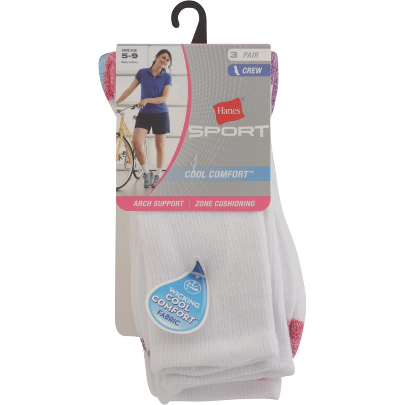 Hanes Sport Women's Crew Socks Moisture-Wicking 3 Pairs