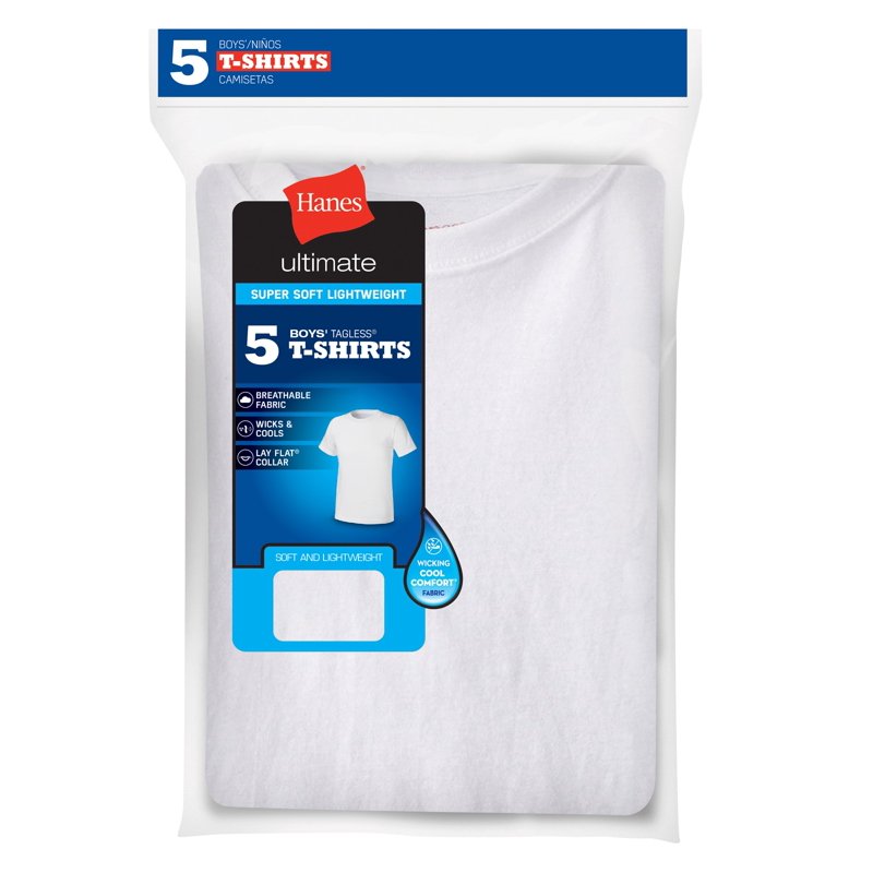 Hanes T Shirts 5 Pack Boys Short Sleeve Ultimate Lightweight 100% Cotton TagFree