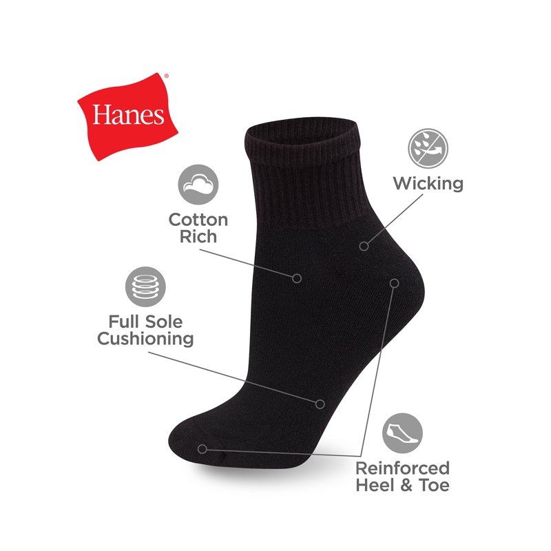 Hanes Women's Athletic Ankle Socks Full Sole Cushion 10-Pairs Black 5-9
