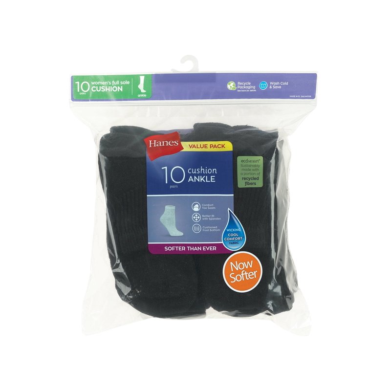 Hanes Women's Athletic Ankle Socks Full Sole Cushion 10-Pairs Black 5-9