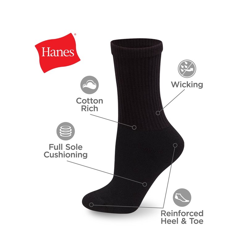 Hanes Women's Athletic Crew Socks Full Sole Cushion 10-Pairs Black 5-9
