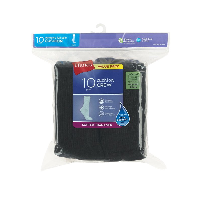 Hanes Women's Athletic Crew Socks Full Sole Cushion 10-Pairs Black 5-9