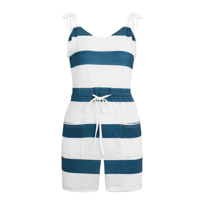 HAXMNOU Striped Print Short Jumpsuits For Women Sleeveless V Neck Loose Casual Jumpsuit Rompers With Pockets Navy S