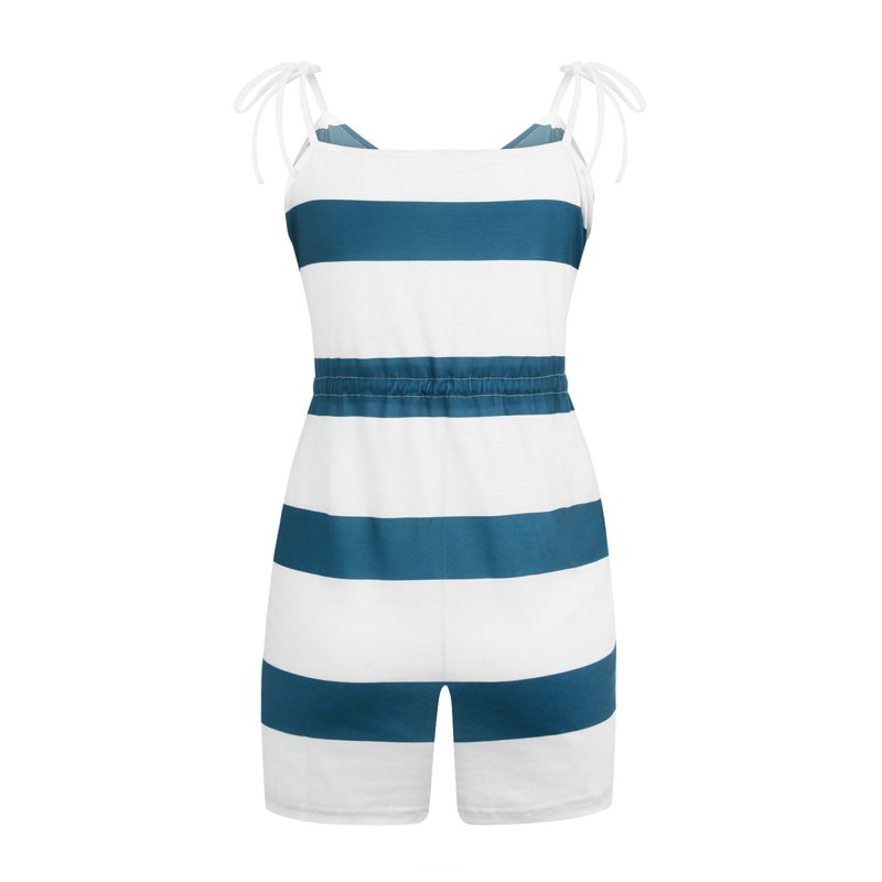 HAXMNOU Striped Print Short Jumpsuits For Women Sleeveless V Neck Loose Casual Jumpsuit Rompers With Pockets Navy S