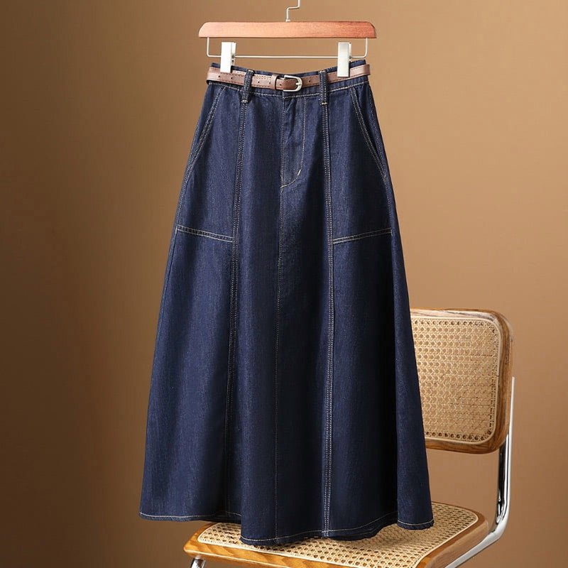 High-End Spring A-Line Flared Denim Skirt For Women 2025 New Dark Blue High-Waisted Slimming Spring Autumn Midi Skirt