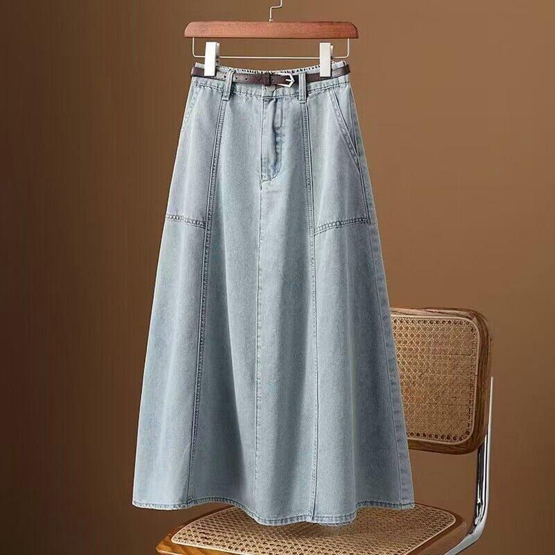 High-End Spring A-Line Flared Denim Skirt For Women 2025 New Dark Blue High-Waisted Slimming Spring Autumn Midi Skirt