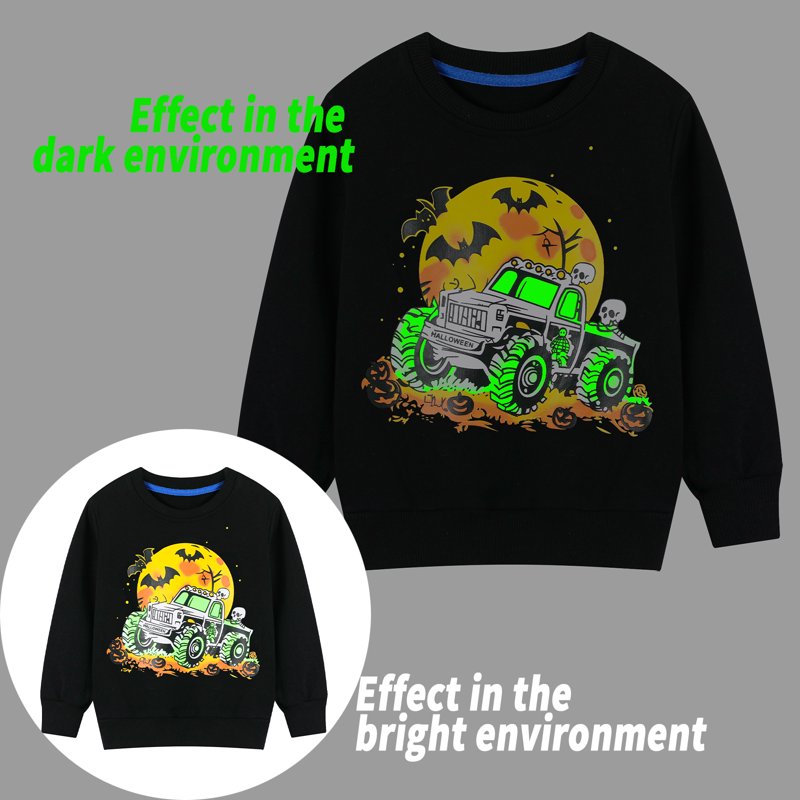 HILEELANG Big Boy Black Sweatshirts Halloween Skeleton Truck Graphic Glow In The Dark Crewneck Long Sleeve Pullover Cotton Top Sweater Shirts 10 Years