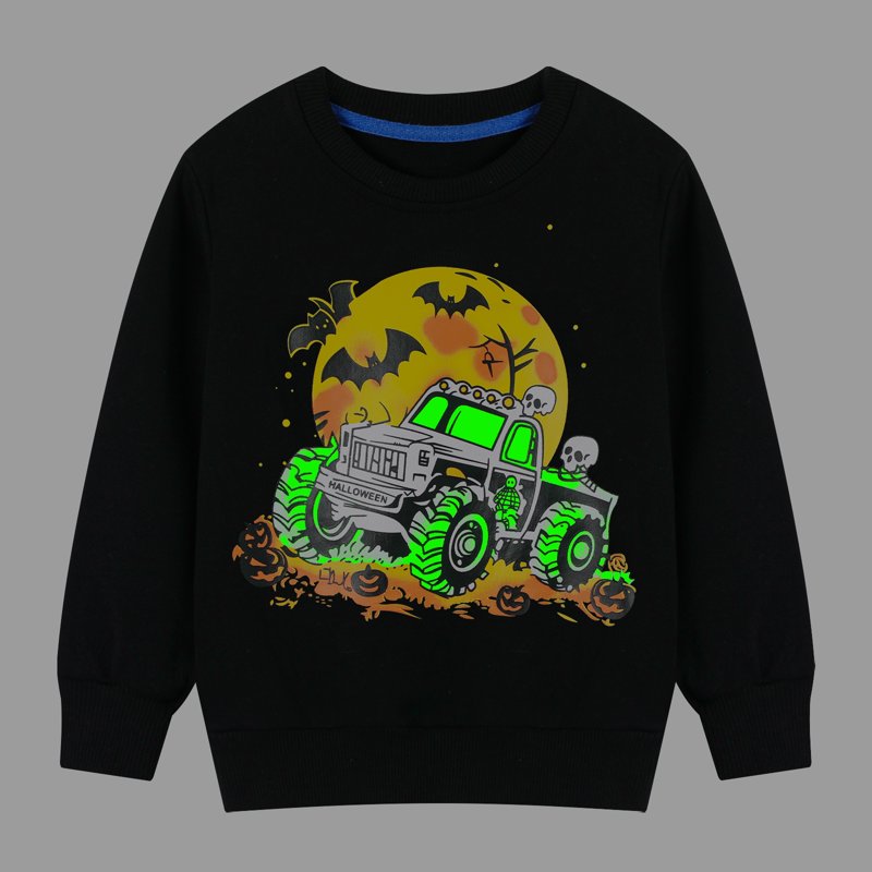 HILEELANG Big Boy Black Sweatshirts Halloween Skeleton Truck Graphic Glow in the Dark Crewneck Long Sleeve Pullover Cotton Top Sweater Shirts 10 Years