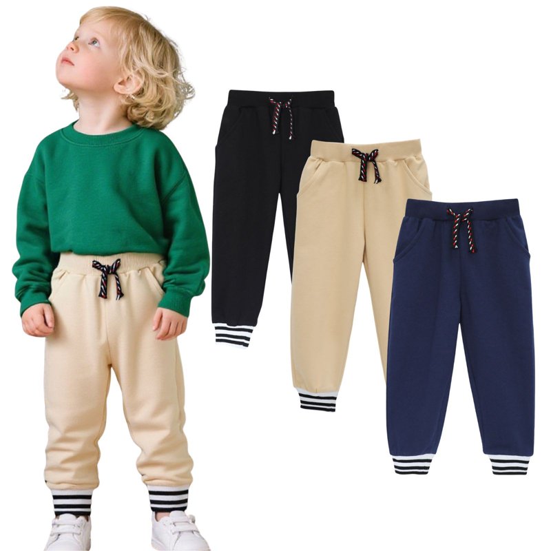 HILEELANG Toddler Boys Jogger Sweatpants 3-Pack 100% Cotton French Terry Pants with Drawstring and Pockets colors—black Khaki and navy Sizes 3T