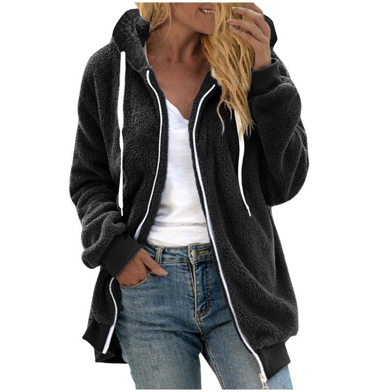 Holiday Deals Saving Pejock Women's Fleece Jackets Fashion Women's Zipper V-Neck Pullover Coats Long Sleeve Hooded Blouse Sweatshirt Oversized Women's Casual Outerwear Jackets Black