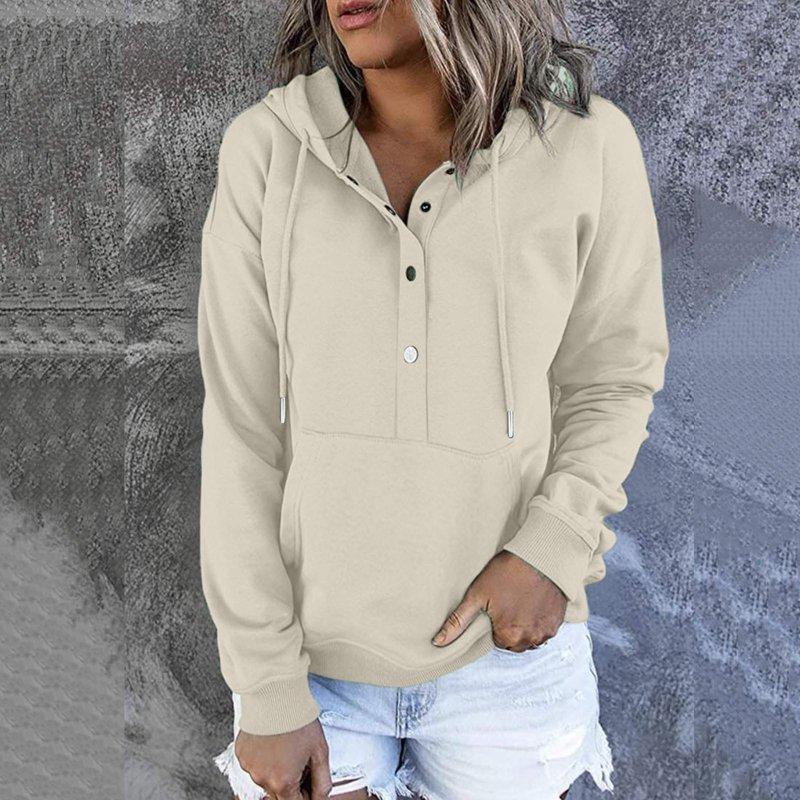 Hoodies For Women Button V Neck Plain Sweatshirts Autumn Winter Solid Color Hooded Pullover Ladies Hoody Sweatshirt Jumper Blouse Tops With Kangaroo Pocket