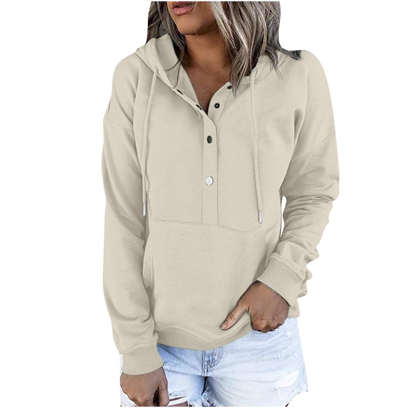 Hoodies for Women Button V Neck Plain Sweatshirts Autumn Winter Solid Color Hooded Pullover Ladies Hoody Sweatshirt Jumper Blouse Tops with Kangaroo Pocket