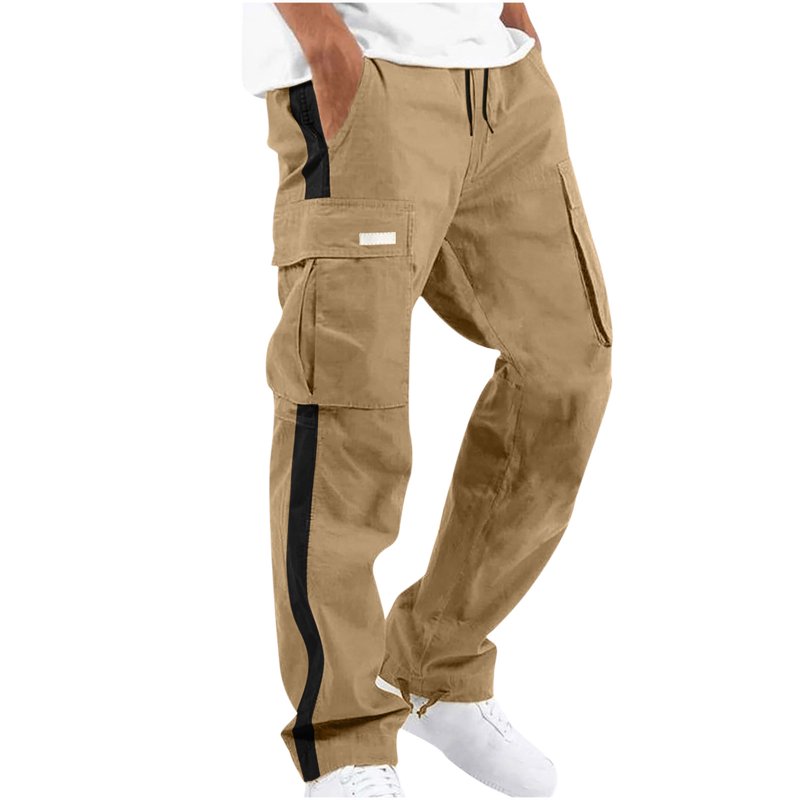 HOOMEUMY Mens Cargo Pants Color Block Elastic Waist Trousers Outdoor Fashion Casual Regular Fit Workout Athletic Jogging Cool Pant Multi Pocket Straight Fit Full-length PantsⓐKhaki XL