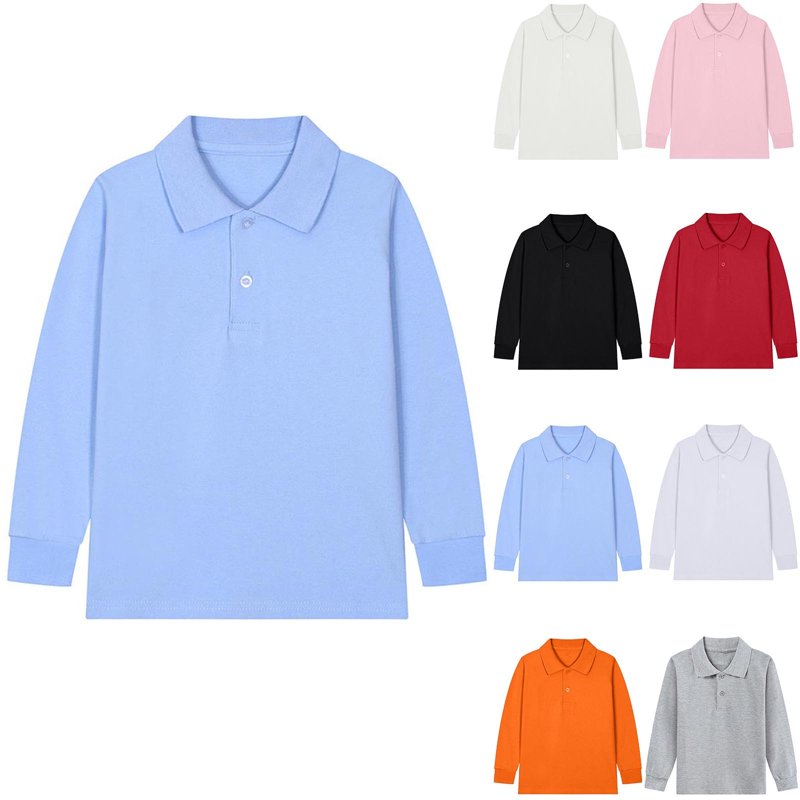 Horkkom Uniform Shirts for Boys Girls Long Sleeve Pullover Lapel Shirts Solid Color Comfy School Uniform with Button 2-15 Years
