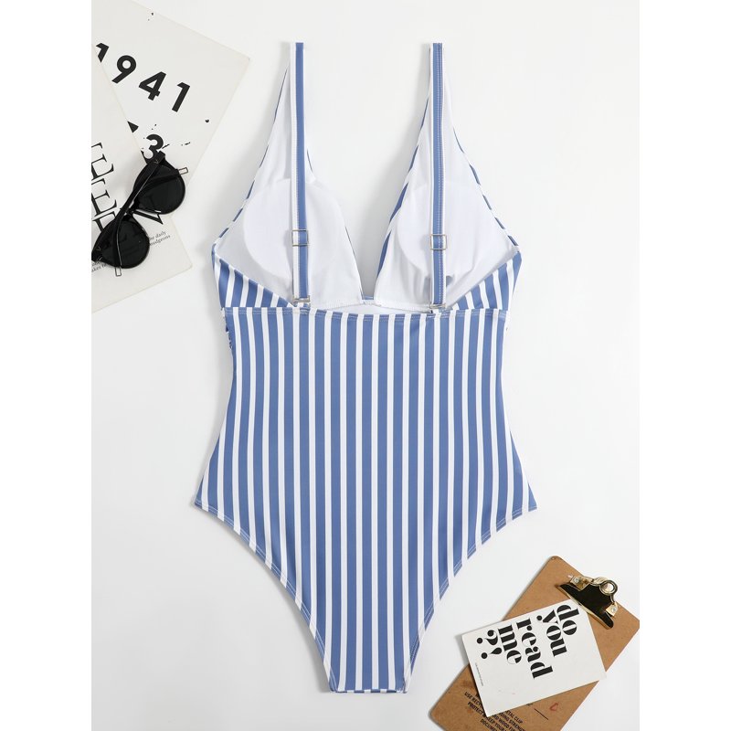 Hotian Women Stripe One Piece Swimsuit Plunge V Neck One Piece Bathing Suit Deep V-Neck Sexy Swimwear Blue M