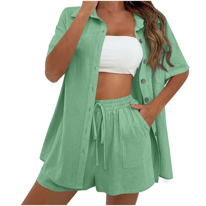 Htigea Clearance Linen Short Sets for Women Short Sleeve Top Shorts 2 Piece Summer Beach Vacation Outfits Lounge Tracksuits Fall Savings Army Green S