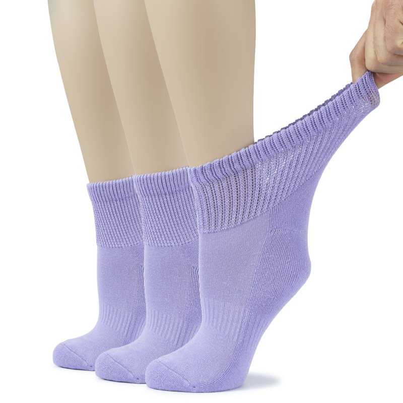HUGH UGOLI Women's Cotton Diabetic Ankle Socks Wide Loose & Stretchy Seamless Toe & Non Binding Top Semi Cushion 3 Pairs Aster Purple Shoe Size: 9-12