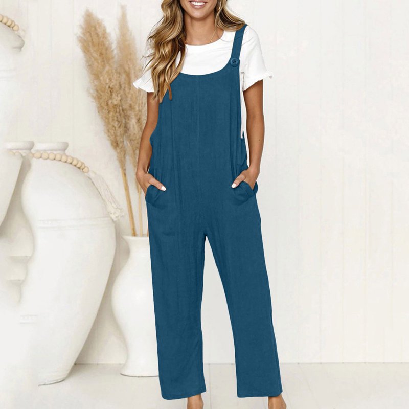 Hvyesh Womens Overalls Wide Leg Jumpsuits Plus Size Linen Bib Overalls Summer Rompers Jumpers Loose Sleeveless Lounge Romper With Pockets