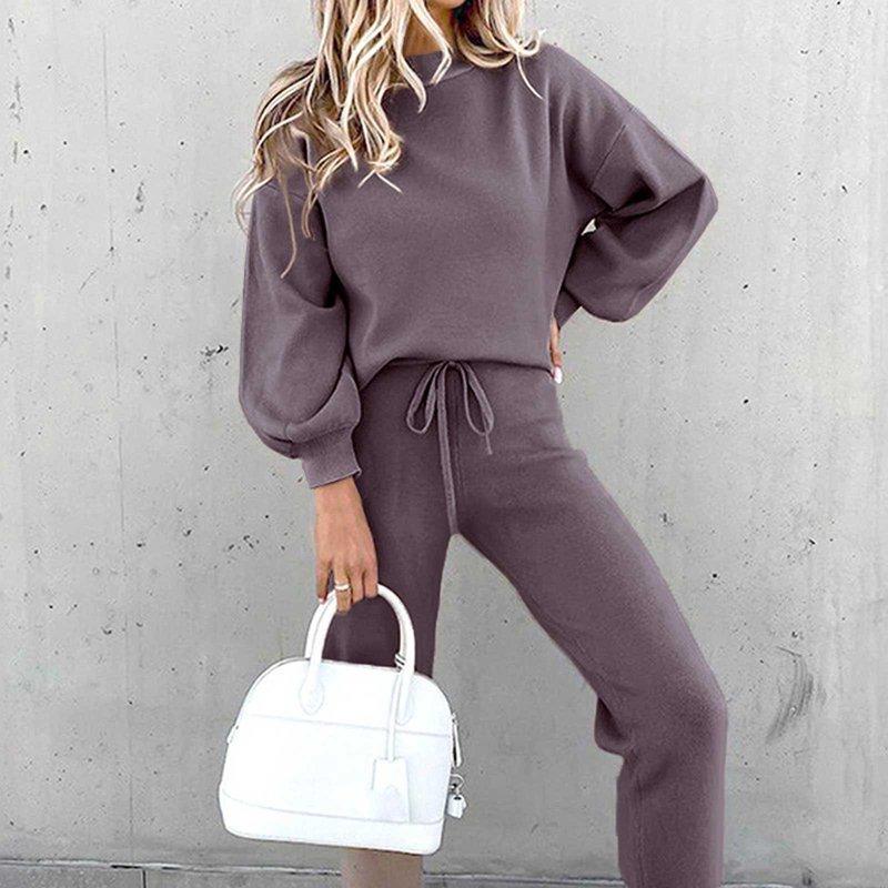 Ibuvkizy Two Piece Sets For Women Clearance Summer Casual Outfit Sets Women Jogger Outfit Plus Size Women's Solid Color Pullover Long Sleeve Top + Casual Pants 2 Piece Set Womens Clothing