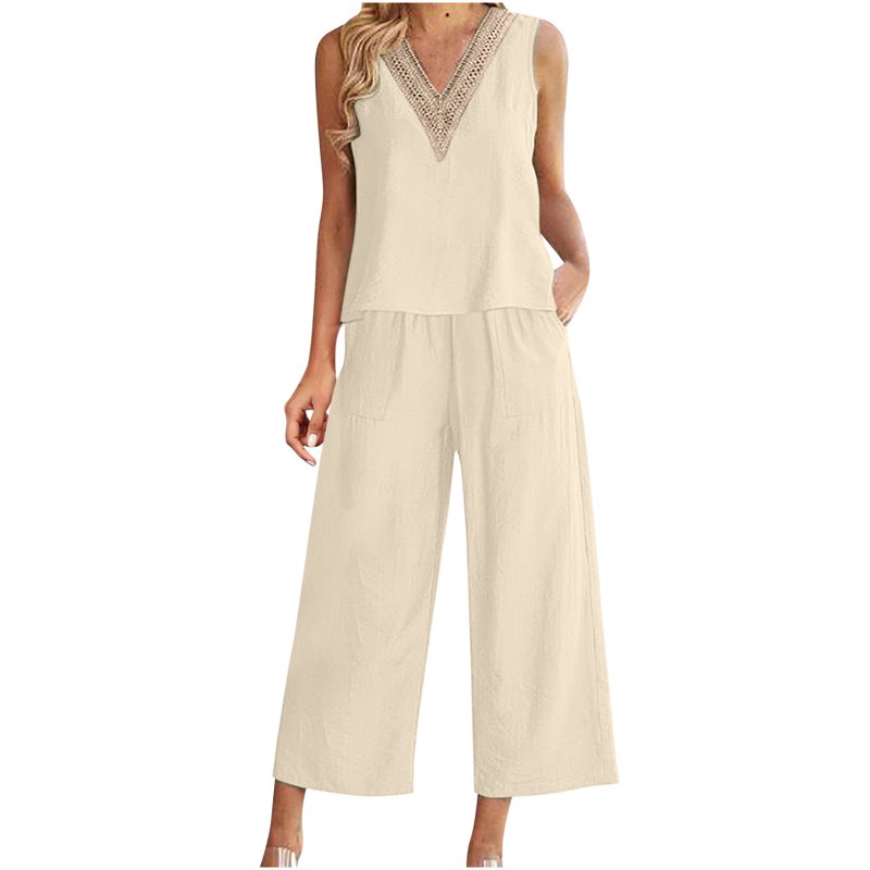 ibuvkizy Two Piece Sets for Women Clearance Summer Casual Outfit Sets Women Jogger Outfit Plus Size 2PC Fashion Women's V-neck Solid Sleeveless Top + Loose Pocket Pants Suit Womens Clothing